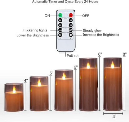 Homemory Gray Flickering Flameless Candles, Battery Operated Acrylic LED Pillar Candles with Remote Control and Timer, Halloween Decor, Set of 5