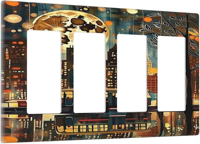 City Light Moon Bus Abstract Art Light Switch Cover 4 Gang Rocker Decora Outlet Covers Wall Plate Decorative Switchplate Electrical Faceplate GFCI for Farmhouse Living Bedroom Decor