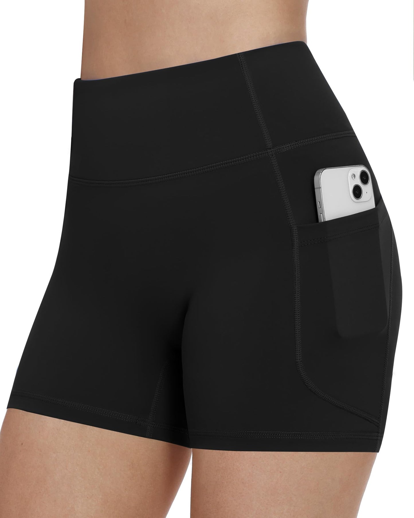 Runhit Biker Shorts Women No Front Seam Spandex Yoga Workout Gym Volleyball Running High Waisted Tummy Control Soft Compression Pockets 4" Black XS