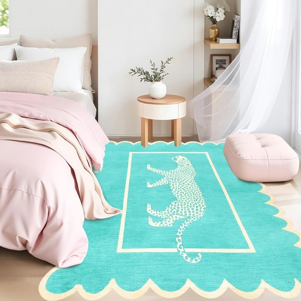 Cheetah Print Rugs 3x5 Faux Wool Washable Scalloped Edge Rug for Living Room Bedroom Apartment Non Slip Stain Resistant Leopard Carpet Modern Chic Dining Room Nursery Office Easy Clean Mat Teal Blue