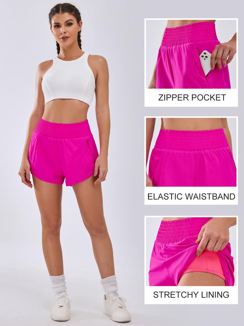 BMJL Women's Athletic Shorts High Waisted Running Short Pocket 2.5" Sporty Shorts Gym Elastic Workout Shorts(XS,Bright Pink)