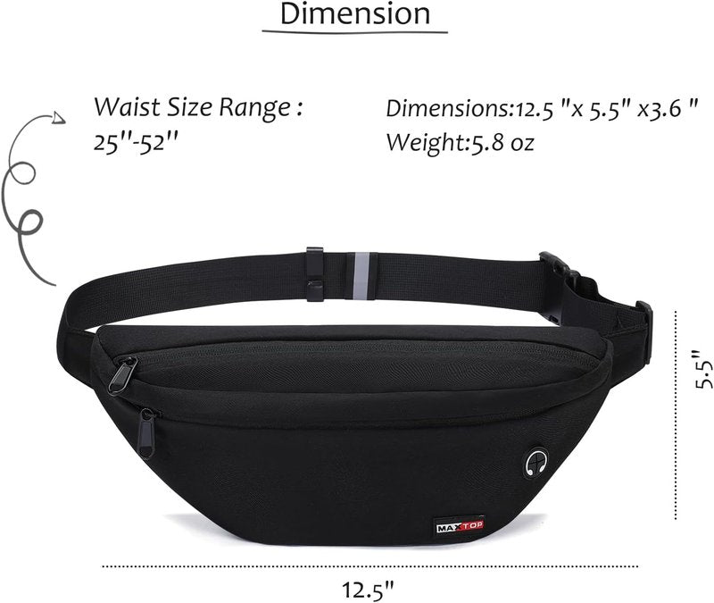 MAXTOP Large Black Fanny Pack - Versatile Crossbody Waist Bag for Hiking, Cycling & Travel | Adjustable Strap
