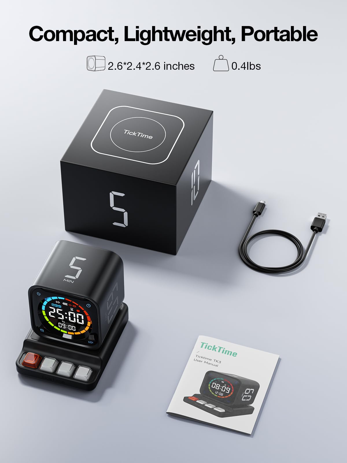 TK3 Pomodoro Timer Cube, Desk Productivity Timer with 5/10/30/60 Min Presets, Custom Countdown, Stopwatch, Clock, 3 Alarm, Silent, Vibrate & Sound Mode, for Task, ADHD, Study, Kitchen,Obsidian Black