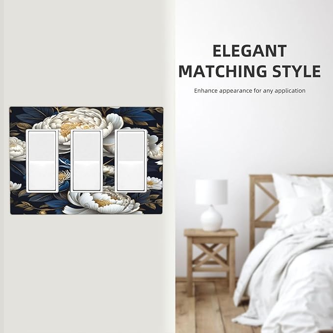 White Gold Blue Flower 3 Gang Rocker Triple Outlet Wall Plate Decorative Switchplate Cover Faceplate GFCI Light Switch Covers for Farmhouse Living Decor