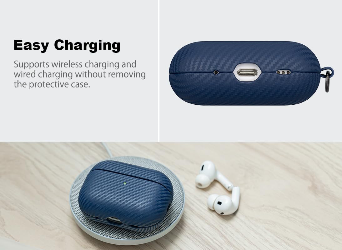 Haobobro Leather Case - for AirPods Pro 2 Case Cover with Keychain - Selected Skin-Friendly Leather, Carbon Fibre Texture, Handmade Shockproof Hard Cover for AirPods Pro 2nd Generation Earbuds - Blue