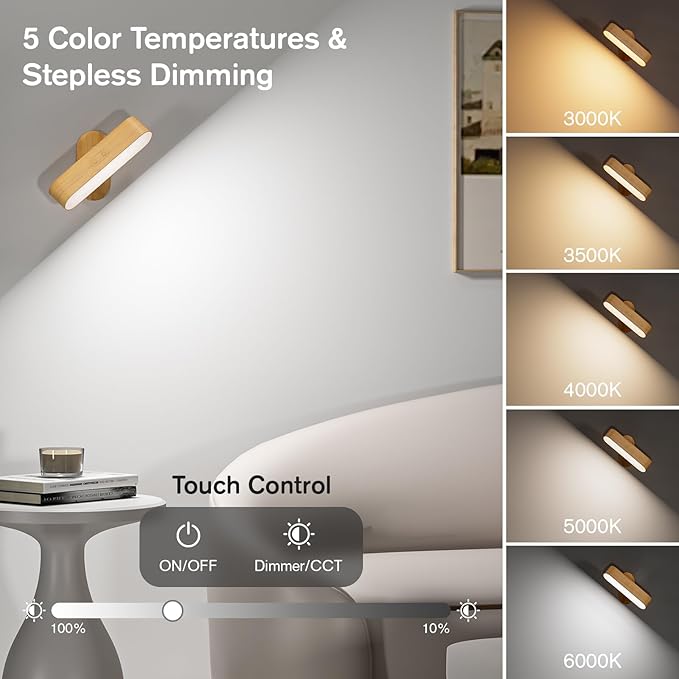 Battery Operated Wall Sconces, Wireless LED Wall Sconce Set of Two for Bedroom, Rechargeable Wall Lights for Picture, 5 Modes Dimmable Wall Lamps for Living Room, 2 Pack