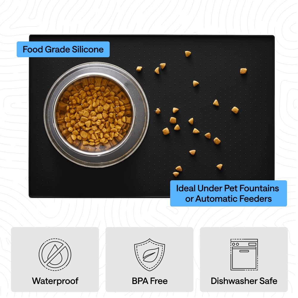 GORILLA GRIP 100% Waterproof Raised Edge BPA Free Silicone Pet Feeding Mat, Dog Cat Food Mats Contain Spills Protects Floors, Placemats for Cats and Dogs Water Bowl, Pets Accessories 18.5x11.5 Black