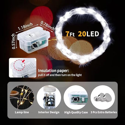 pozzolanas 24 Pack WhiteFairy Lights Battery Operated 3 Modes 7FT 20 LED Waterproof String Lights Twinkle Silver Wire for Mason Jars Wedding Christmas Halloween Party Decor(White, 24 Pack)