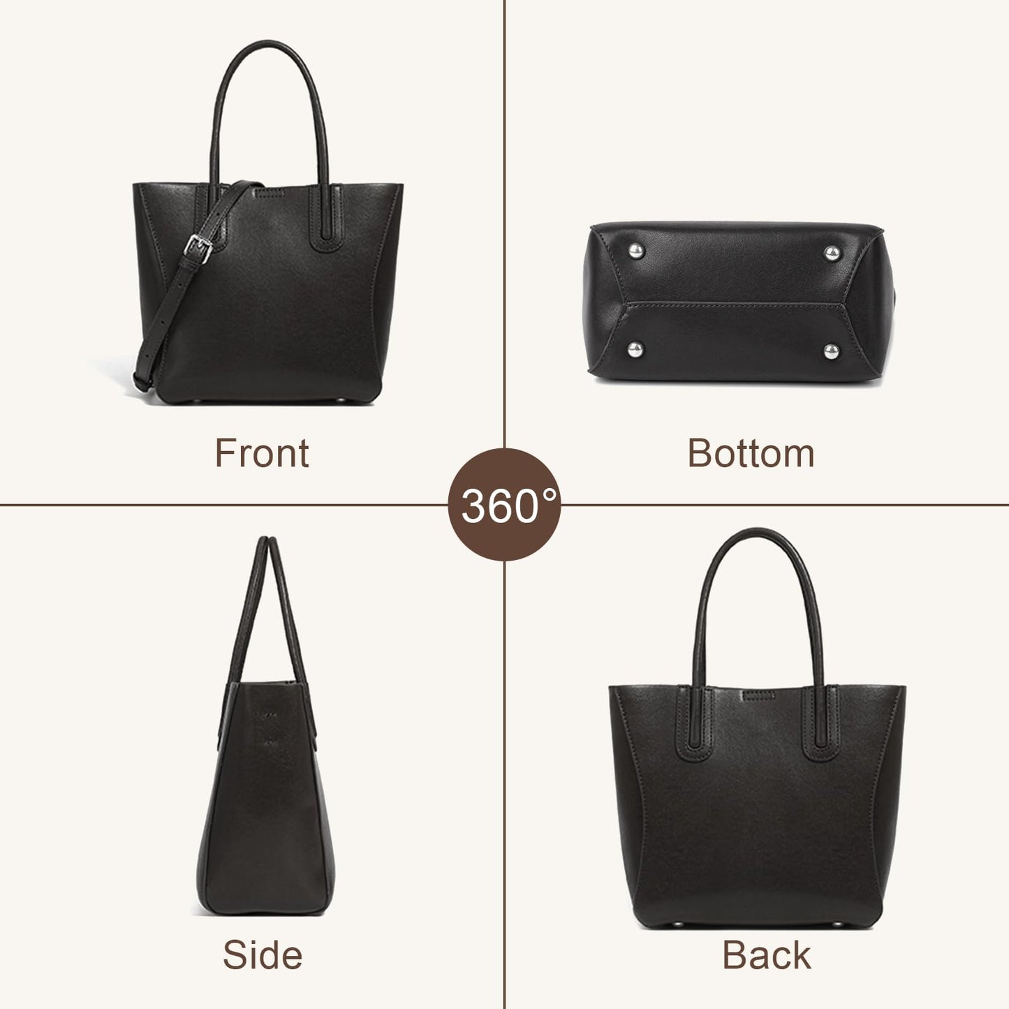 MFFOR Tote Bag for Women, Genuine Leather Crossbody Handbags, Top Handle Bags, Shoulder Purse with Detachable Strap (Black)