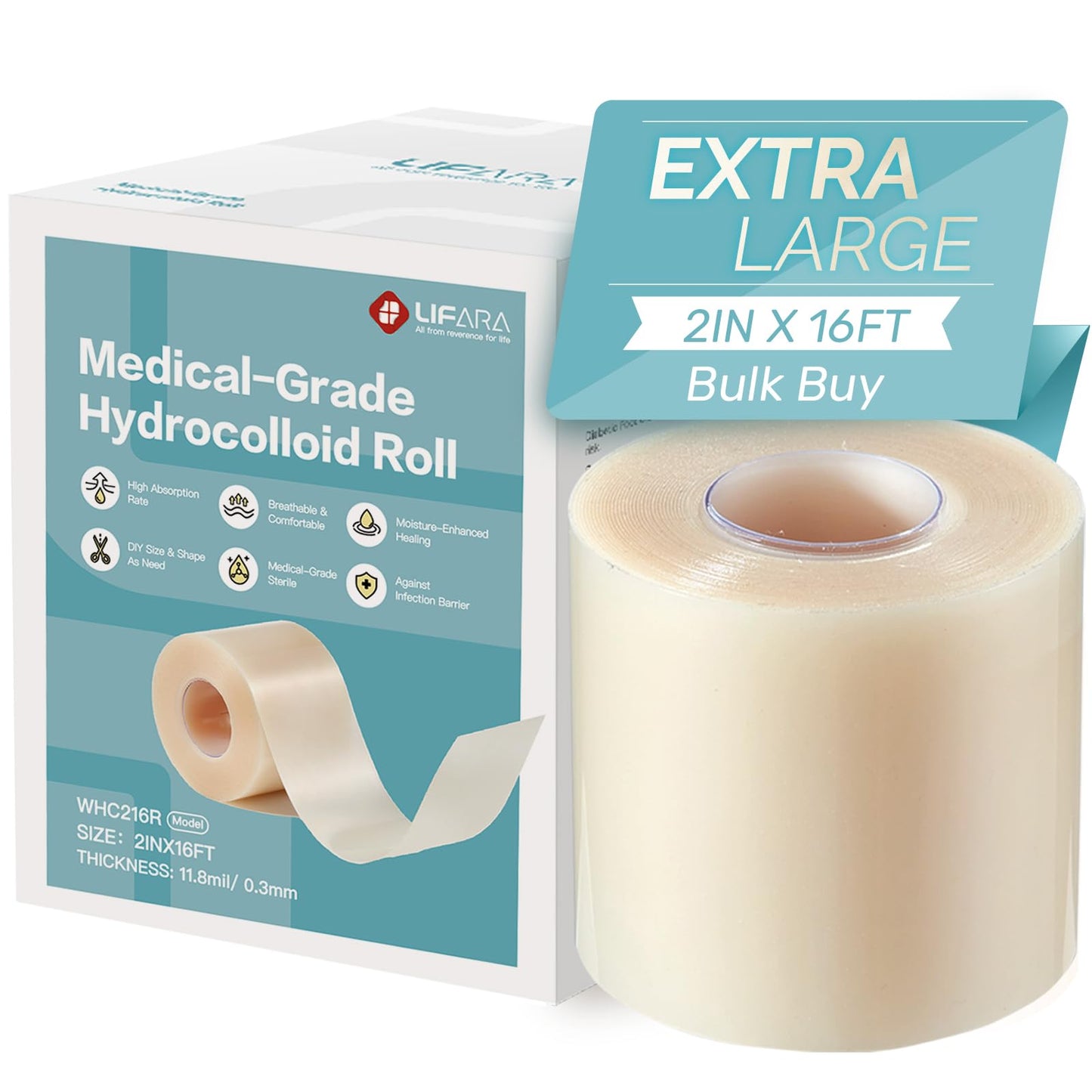 LIFARA Hydrocolloid Roll for Wound Care - Cut-to-Size, Hydrocolloid Patch Bandages with Self-Adhesive, Ultra Absorbent & Waterproof, First Aid Kit Essential (11.8mil/ 0.3mm Thickness, 2in*16ft)