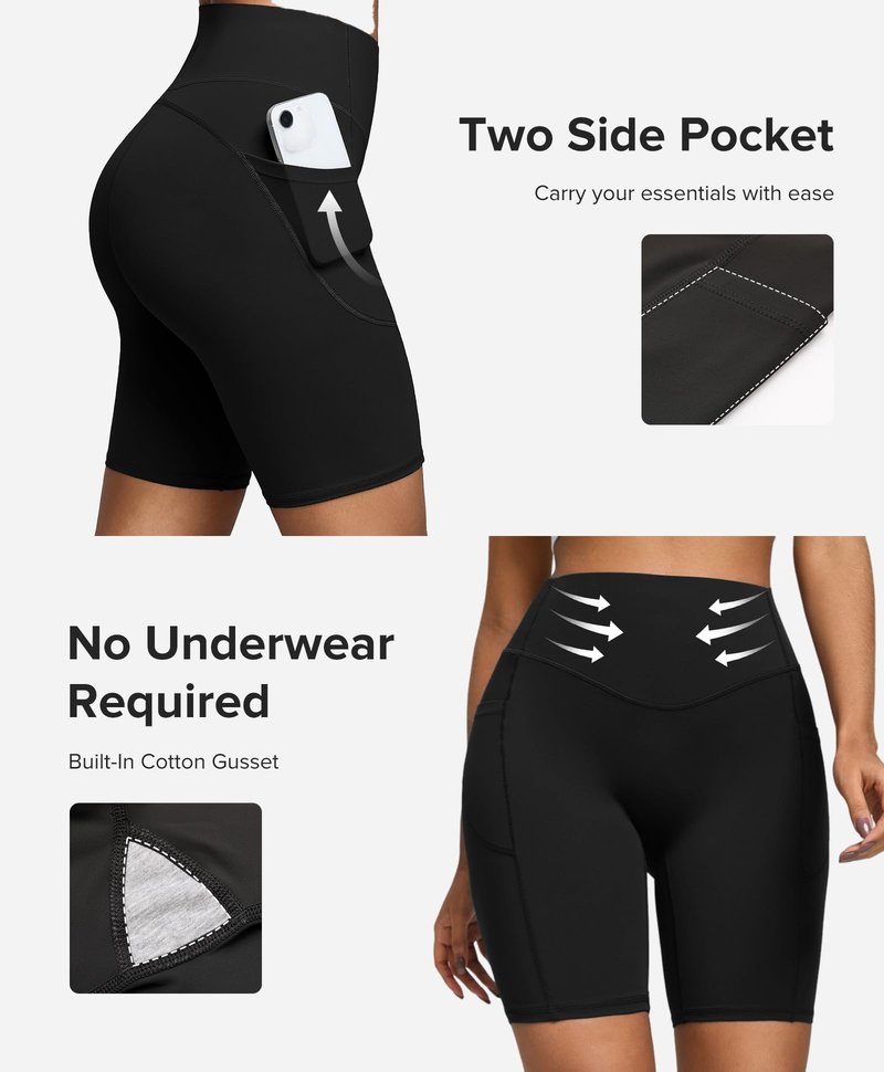 BRXL BrxlZero Biker Shorts Women Pockets 8" No Front Seam High Waisted Compression Workout Tummy Control Running Yoga Black L