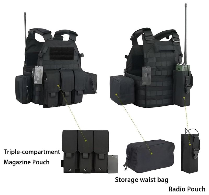 Veasunverse Tactical Vest for Airsoft & Paintball, Adjustable MOLLE Plate Carrier with Patch Panels for Hunting & Outdoor Training(Black)