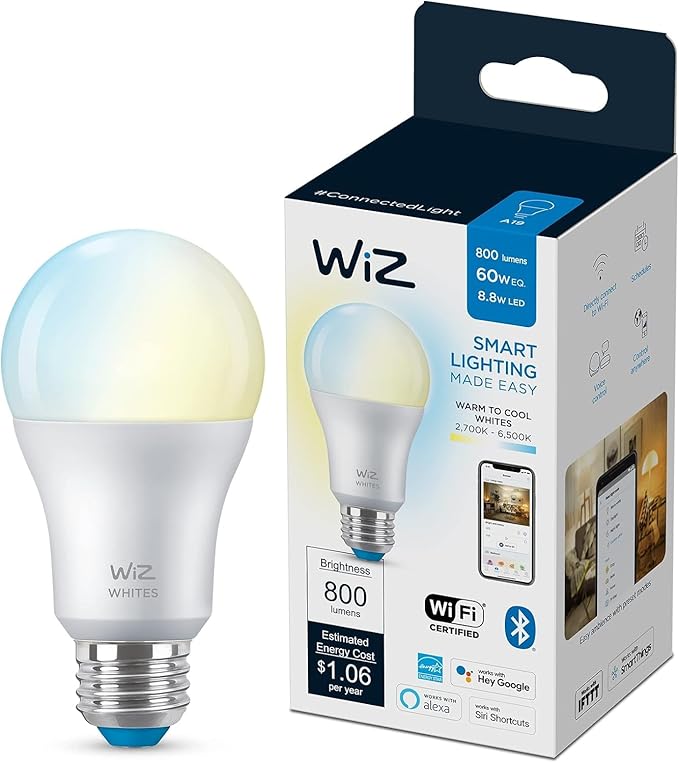 WiZ 60W A19 Tunable White LED Smart Bulb - Pack of 6 - E26- Indoor - Connects to Your Existing Wi-Fi - Control with Voice or App + Activate with Motion - Matter Compatible