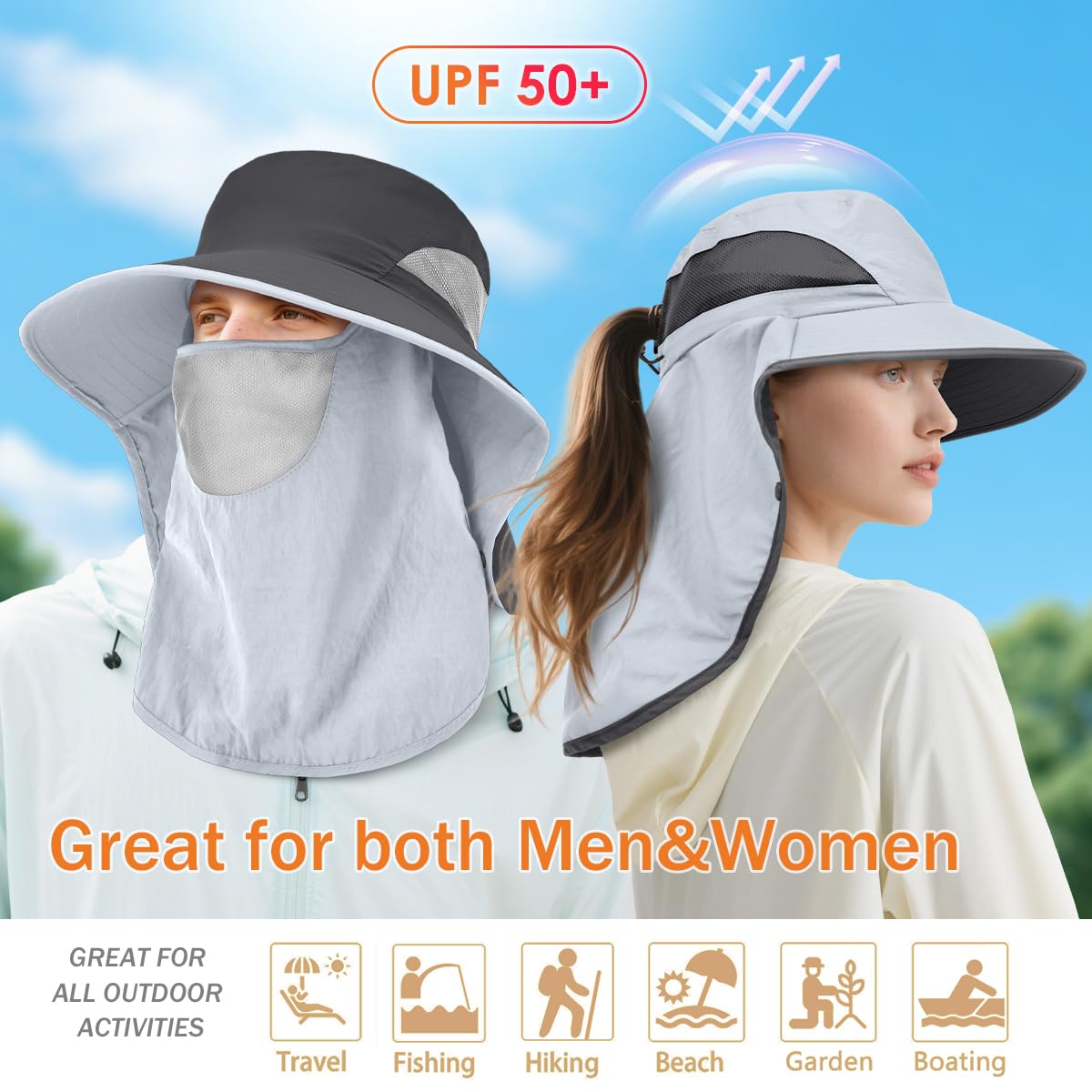 ZEXIAN Men&Women Wide Brim Fishing Ponytail Sun Hat with Removable Face and Neck Flap UPF 50+ UV Protection Safari Cap (US, Alpha, One Size, Dark Grey)