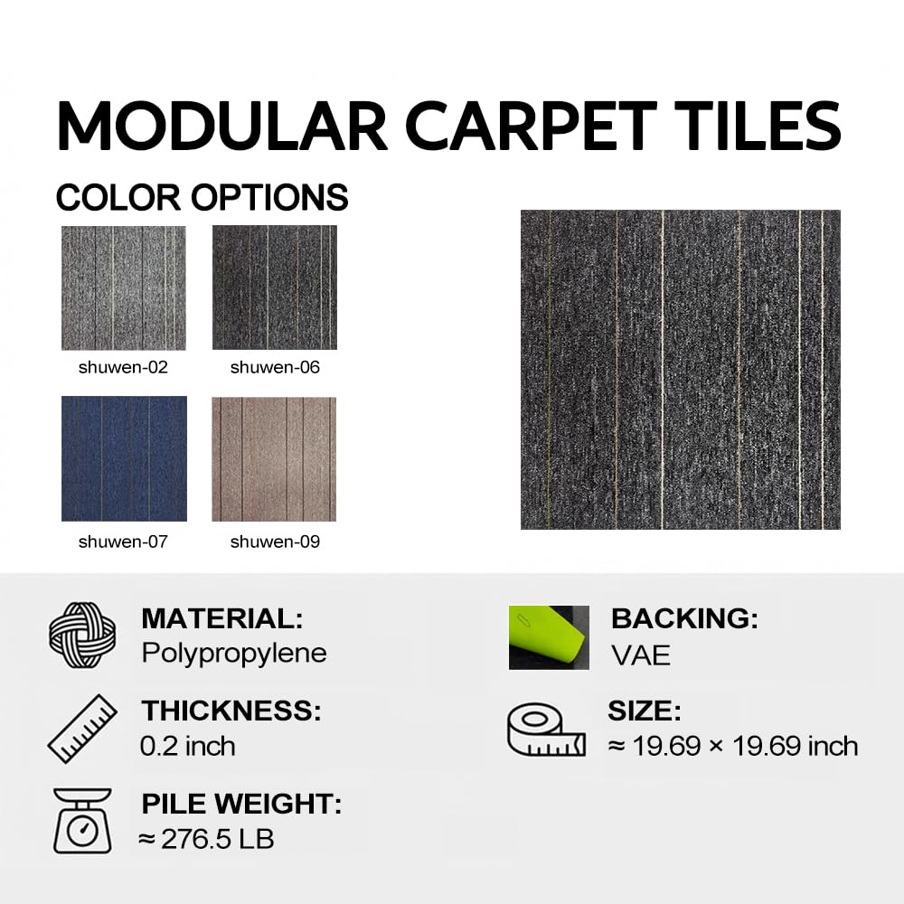 32 Pieces of Carpet 20x20 inch Square Carpet Tiles, Reusable, Non Slip, Seamless Tiles, Suitable for Indoor and Outdoor use in bedrooms, Living Rooms, Offices, etc., Easy to DIY（Dark Gray stripe-06）
