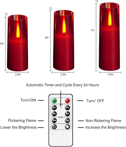 Flickering Flameless LED Candles 7Pcs, Realistic Dancing Flame with Remote & Timer, Acrylic Electric Pillar Candles for Festivals Decor (Red)