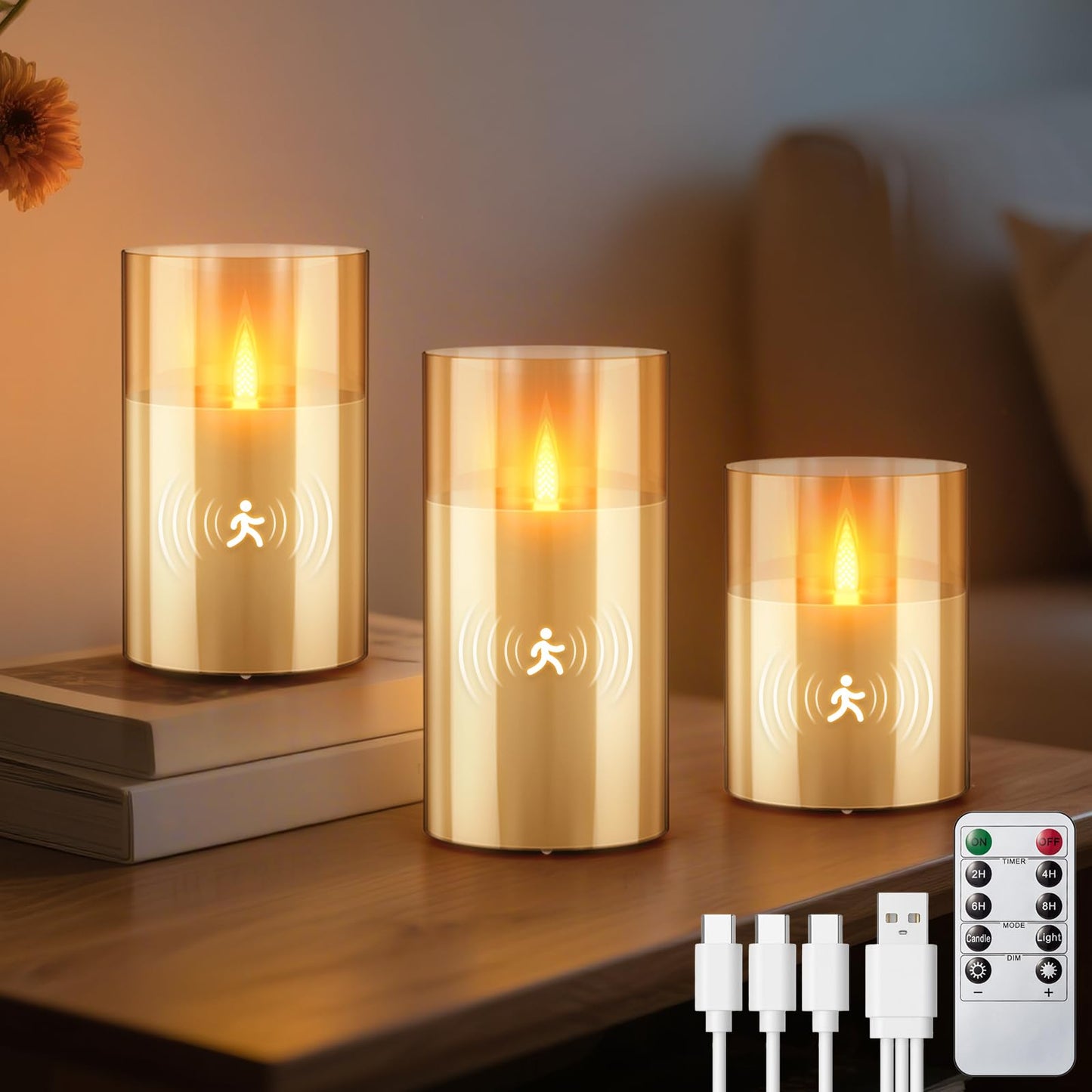 3PC Radar Motion Sensor Rechargeable Led Candles, Flameless Flickering Candle with Remote & Timer, Real Wax in Glass with Flickering Warm Light for Festival, Bedroom, christmas and party Decor-Amber