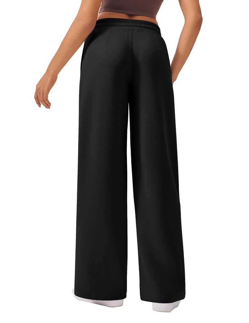 PINSPARK Women Wide Leg Sweatpants Elastic High Waisted Drawstring Casual Pants Straight Leg Long Pant with Pockets Black M