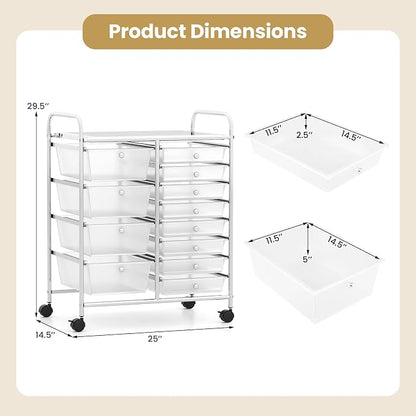 LDAILY 12 Drawer Rolling Storage Cart, Rolling Cart with Drawers for Classroom, Art Supply Craft Organizer on Wheel with Metal Frame & Handles for Home Office School (Clear, 12 Drawer Left-Right)