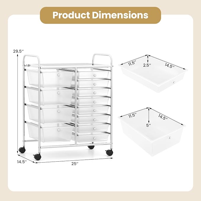 Giantex 12 Drawer Rolling Cart with Drawers, Storage Organizer Cart for Classroom Office School Teacher, Mobile Drawer Cart for Tools, Crafts, Small Printer, Clear