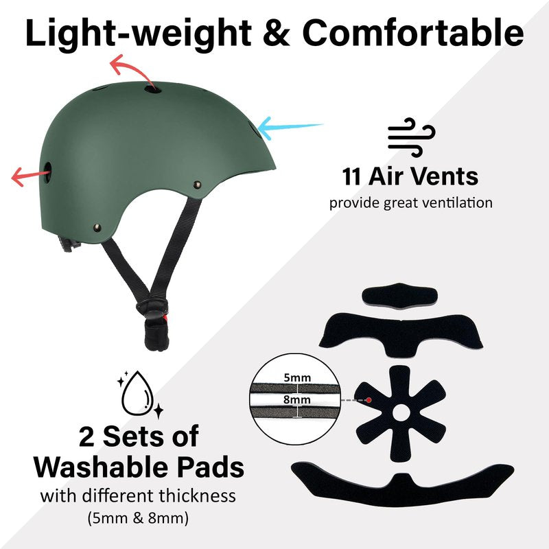 OUWOR Adult Skateboard Bike Helmet for Men and Women, Lightweight Adjustable, Multi-Sport for Bicycle Skate Scooter (Blackish Green, Large)