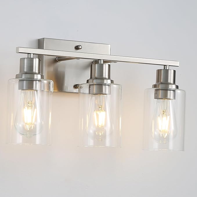 Brushed Nickel Wall Sconces,3-Lights Bathroom Vanity Light Fixtures with Clear Glass Shades, Farmhouse Modern Wall Lighting for Mirror,Bedroom,Living Room