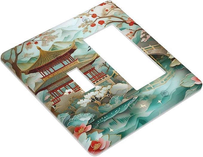Asian Pagoda, Architecture, Traditional Bridge, Cherry Blossoms, Ornate, Watercolor Effect, Mountains