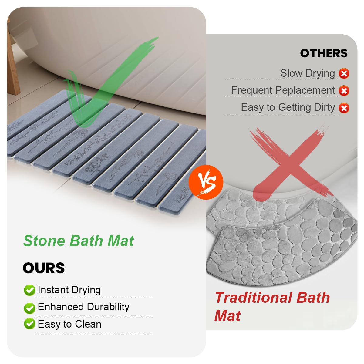 INFISIBLE Foldable Stone Bath Mat - 24x16, Super Absorbent Diatomaceous Earth Large Bath Mats for Bathroom, Quick Dry Non-Slip Stone Drying Mats for Kitchen Counter & Bathtub (Dark Gray Floral Decor)