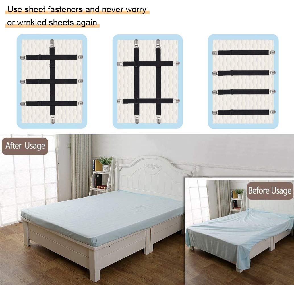 QoeCycth Adjustable Bed Sheet Straps Clips, Elastic Mattress Sheet Fasteners Holder and Suspenders, Grippers to Hold Sheet, Mattress, Sofa, Couch, Table Cloth, Ironing Board Cover, 8Pcs, Black