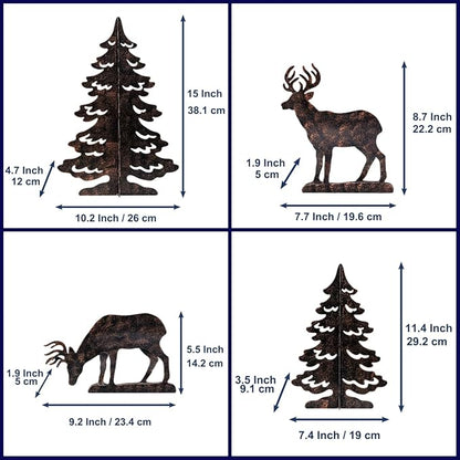 YULETIME 4-Piece Metal Christmas Reindeer and Tree Scene Silhouette Set, Winter Forest Deer & Spruce Landscape Holiday Tabletop Ornament