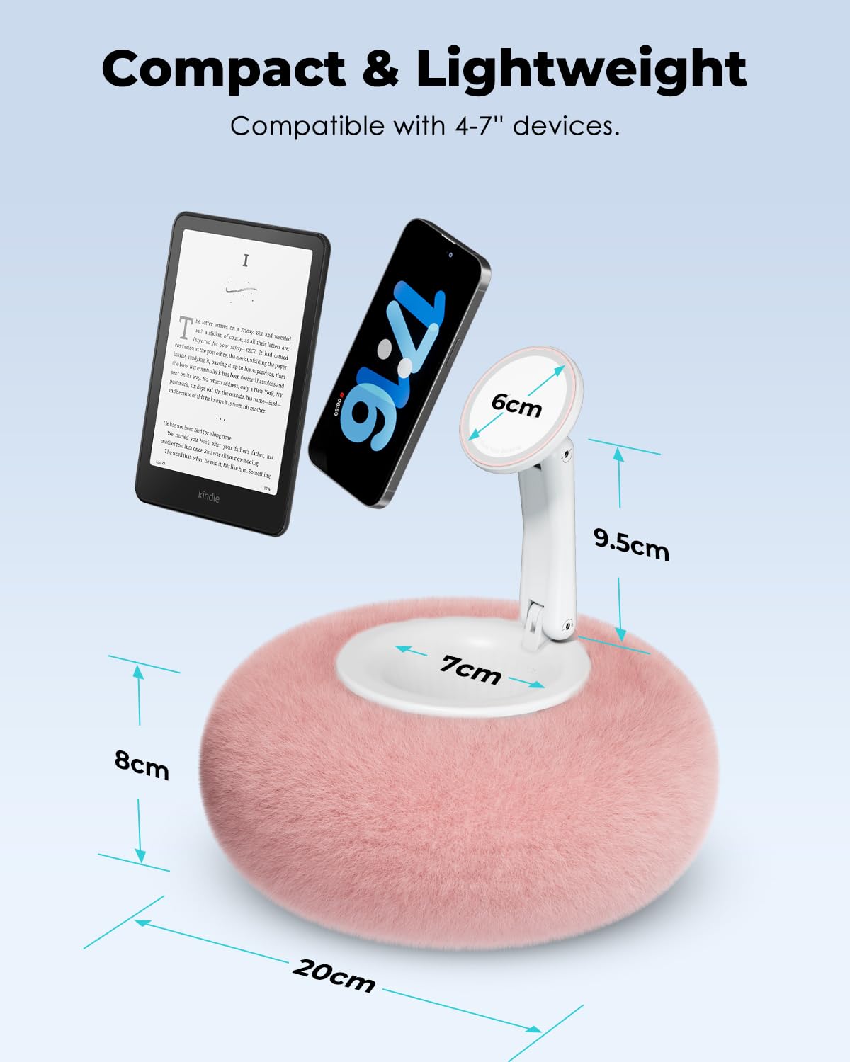Viozon Phone Holder for Bed, Magnetic Pillow Stand, Compatible with 4-7" Phone/Kindle with Small Storage, Removable Suction Base for Stability, Idea for Kindle Reading and Video Watching On Bed,Pink