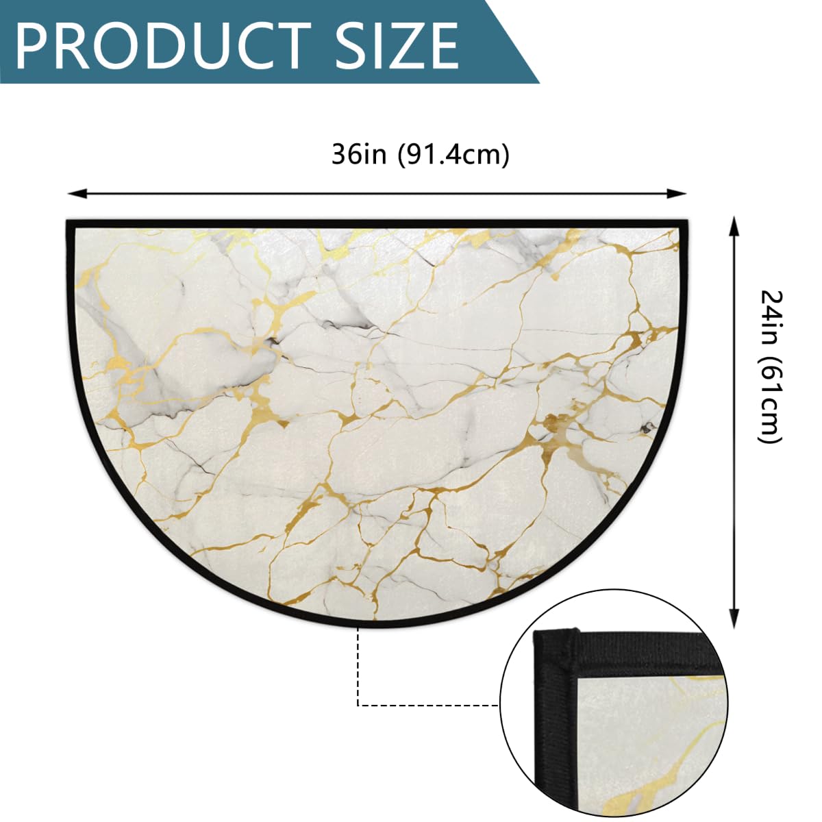 Half Round Rugs Gold Line Marble Texture Semicircular Indoor Door Mat Entryway Welcome Mat Non-Slip Half Round Low Profile Door Mat for Patio High Traffic Areas