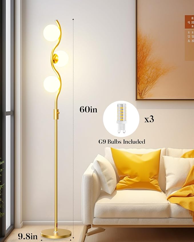 Lightdot 60IN Gold Floor Lamp Stepless Dimmable Globe Floor Lamps with 3Pcs 3000K G9 Bulbs Eye-Friendly Mid Century Standing Lamps with Stable Base for Living Room/Bedroom/Corner/Office