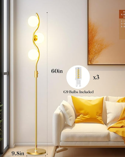 Lightdot 60IN Gold Floor Lamp Stepless Dimmable Globe Floor Lamps with 3Pcs 3000K G9 Bulbs Eye-Friendly Mid Century Standing Lamps with Stable Base for Living Room/Bedroom/Corner/Office