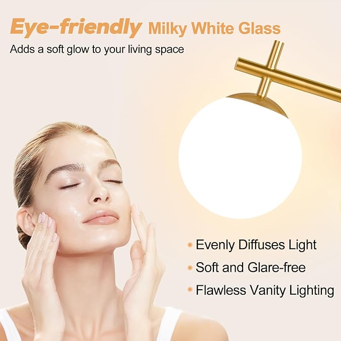 3-Light Bathroom Light Fixtures, Brushed Gold Vanity Lights for Bathroom with Milky White Glass Ball Shades, 18.9 inch Bathroom Lighting Fixtures Over Mirror, Wall Sconce for Bedroom (Exclude G9 Bulb)
