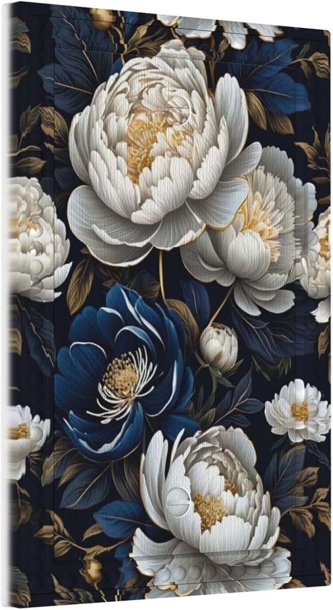 White Gold Blue Flower Light Switch Covers No Device Wall Plate 1 Gang Decorative Blank Switchplate Electrical Faceplate for Country Living Bedroom Decor