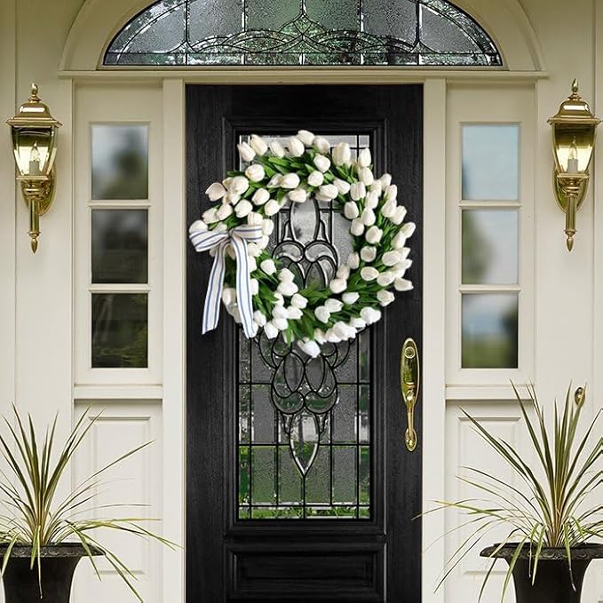 Spring Wreaths for Front Door, 16 Inch Summer Garland with White Tulips, Artificial Tulip Wreath for Farmhouse Home Wall Indoor Outdoor Window Decor