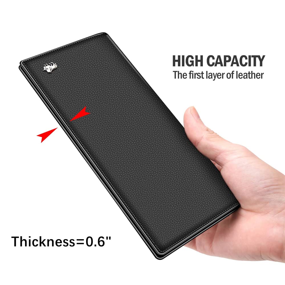 BISON DENIM RFID Bifold Wallets Slim Credit Card Wallet Real Leather Mens Long Wallet with Zipper Coin Pocket