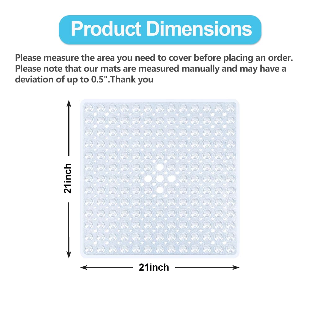 YOVLOSIN 21 x 21 Inch Shower Stall Mat Non Slip, Square Bath Mat for Stand Up Showers with Suction Cups and Drainage Holes, Machine Washable, Clear