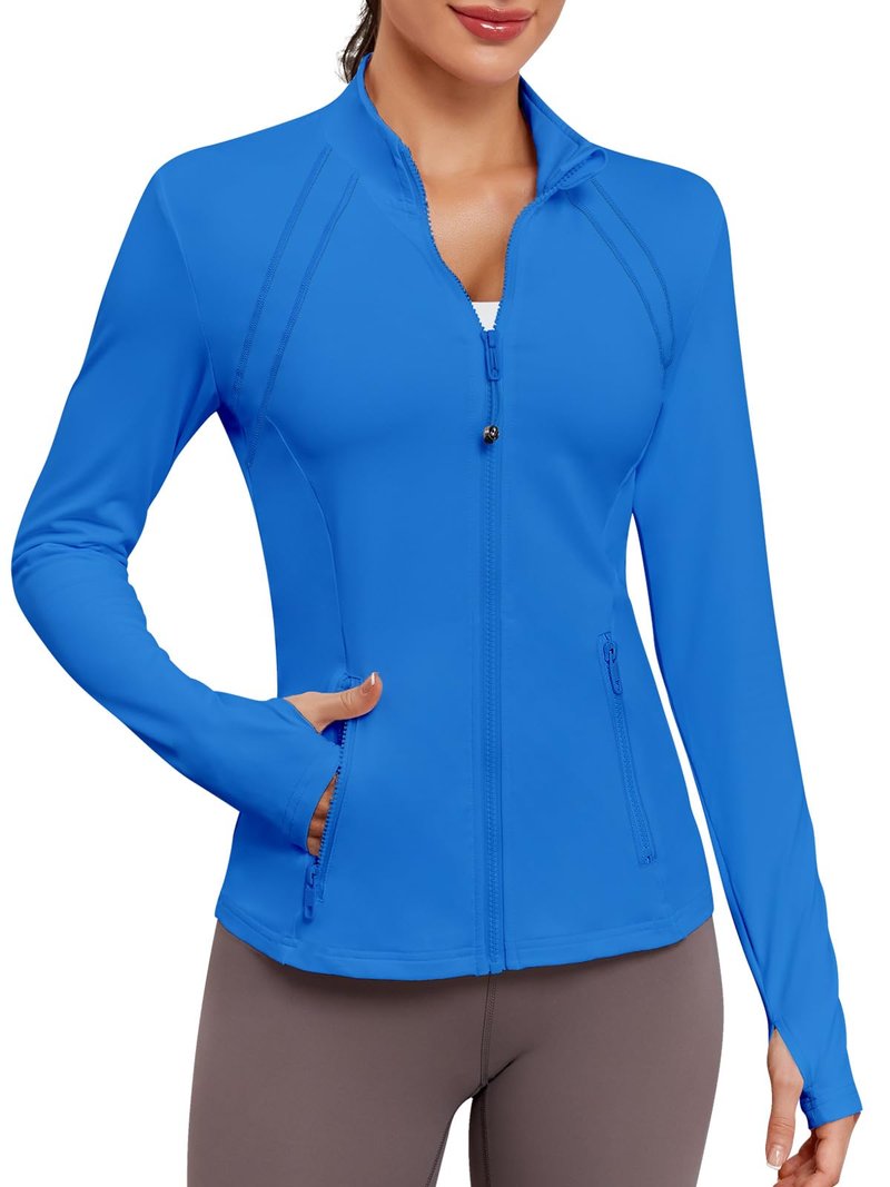 VUTRU Women Athletic Zip Up Jacket Lightweight Workout Long Sleeve Cooling Shirts with Thumb Holes and Pockets for Gym Yoga Blue L