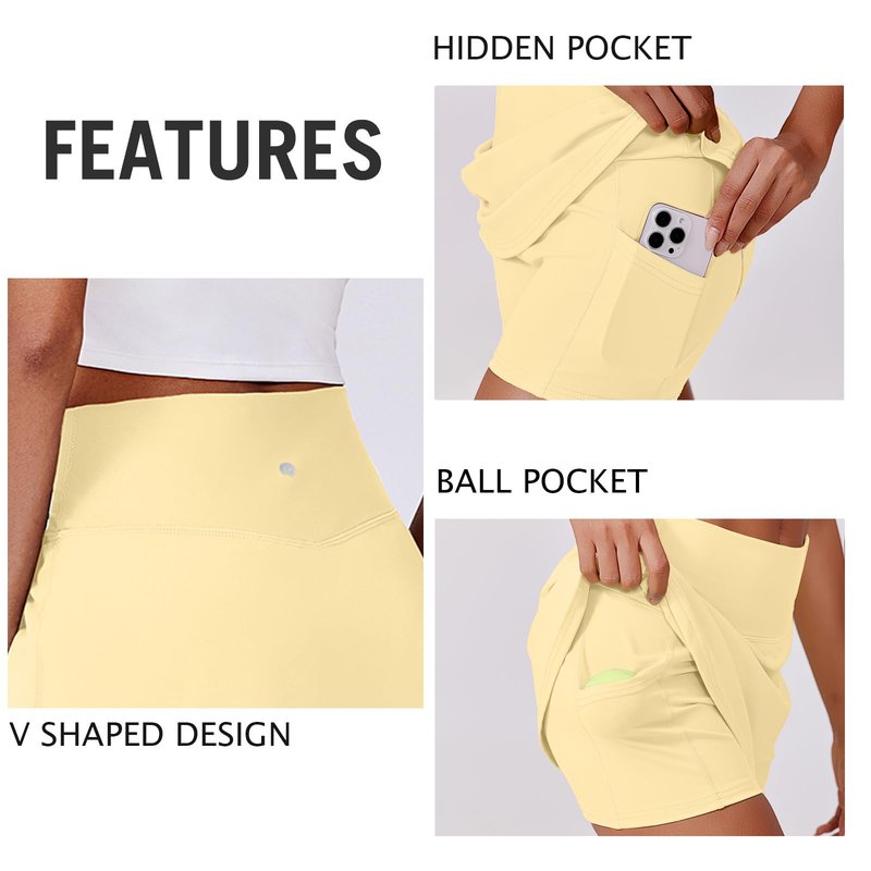 PINSPARK Skorts for Woman Stretchy Tennis Skirts Built-in Shorts Workout Skort Skirts Lightweight Golf Skort Activewear, Butter Yellow Large