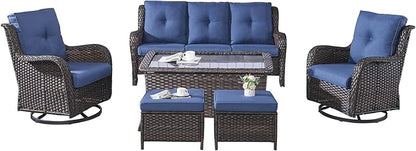 Rilyson Wicker Patio Furniture Set - 6 Piece Rattan Outdoor Sectional Conversation Sets with 2 Swivel Rocking Chairs,2 Ottomans,1 Sofa and 1 Coffee Table for Porch Deck Garden(Brown/Blue)