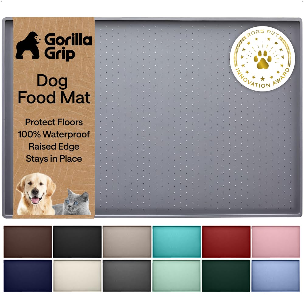 GORILLA GRIP 100% Waterproof Raised Edge BPA Free Silicone Pet Feeding Mat, Dog Cat Food Mats Contain Spills Protects Floors, Placemats for Cats and Dogs Water Bowl, 18.5x11.5, Gray