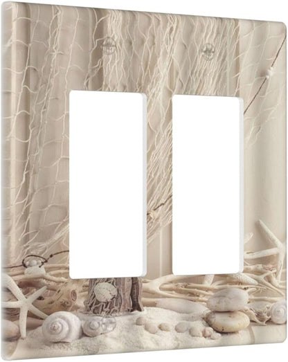 Nautical Coastal Double Rocker Light Switch Cover Seashell Fishing Net Ocean Lighthouse Starfish 2 Gang Outlet Wall Plate Decorative GFCI Switchplate Electrical Faceplate Beach Theme Decor