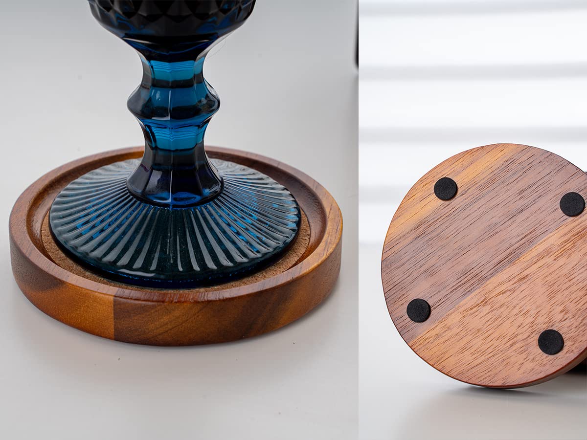 Acacia Wood Cork Coasters with Holder - Absorbent Rustic Cork Coasters for Coffee/Dining Tables & Desks - Set of 6, 4.13in Dark Brown