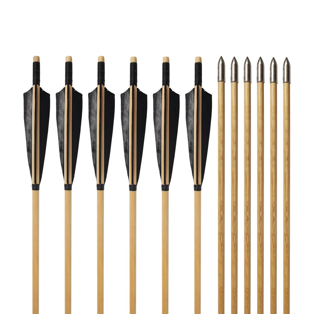 e5e10 Wooden Arrows Archery Handmade Arrows 33inch Shaft with Turkey Feather Fletching for Recurve Bow Longbow Hunting Practice 12PACK (Black)
