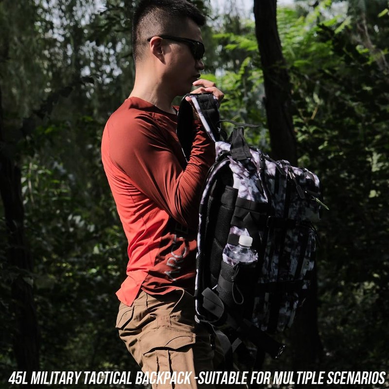 R.SASR 45L Tactical Backpack for Men Women, Military Assault Pack with MOLLE, Large 3 Day Bug Out Bag for Hiking Camping (Black and White)