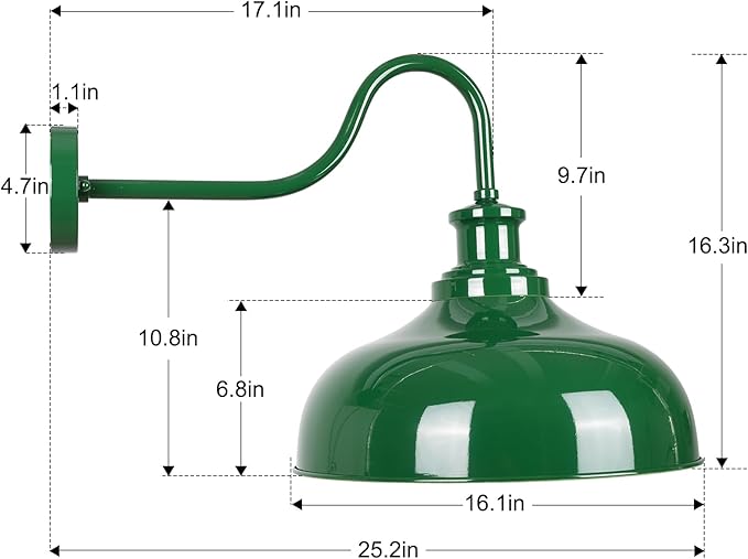 Outdoor Gooseneck Barn Lights, 16 Inch Dome Rustic Outdoor Wall Sconces, Farmhouse Exterior Wall Mount Lighting Fixture, Industrial Green Wall Lantern for Porch, Entryway, Garage, RZ007L-2 GR+WH