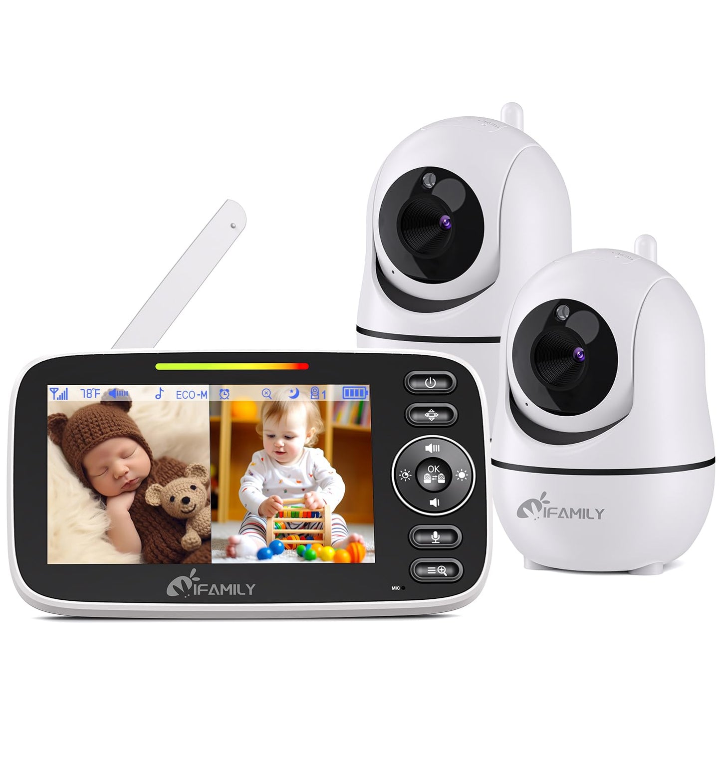 iFamily Split Screen Baby Monitor, Large Display Video Baby Monitor with 2 Cameras and Audio, Long Range, Remote pan tilt, Night Vision, Temperature Sensor, 2 Way Talk, Feeding Clock and lullabies.