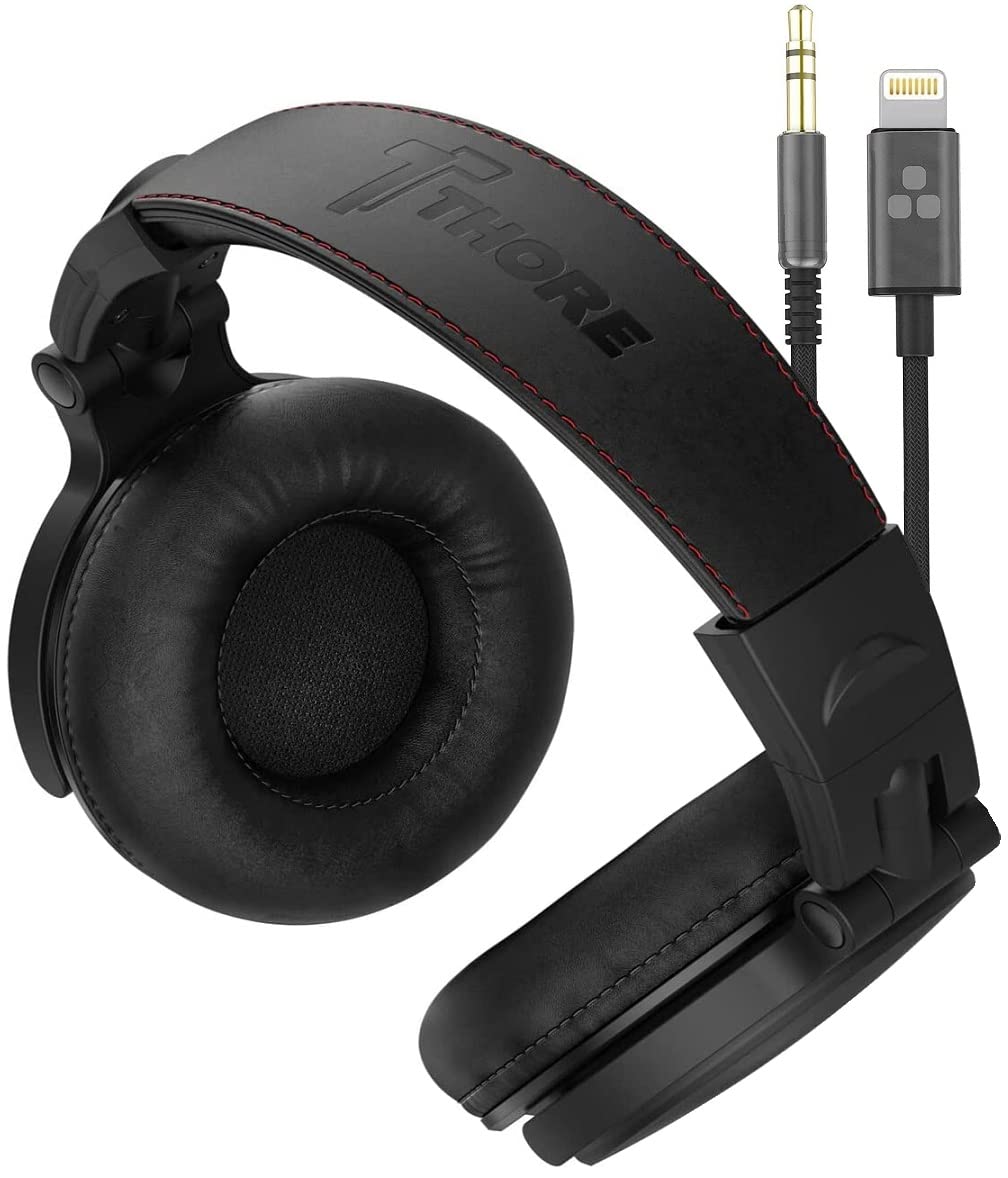 Thore Over-Ear iPhone Headphones with Lightning Connector – Closed Back Studio DJ Monitor Earphones w/Apple MFI Certified Cable (50mm Neodymium Drivers, V200 Black)